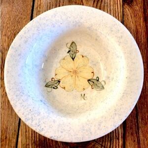 Yellow Green Floral Blue Mottled Cream Base Ceramic Serving Bowl 10.25” Diam.